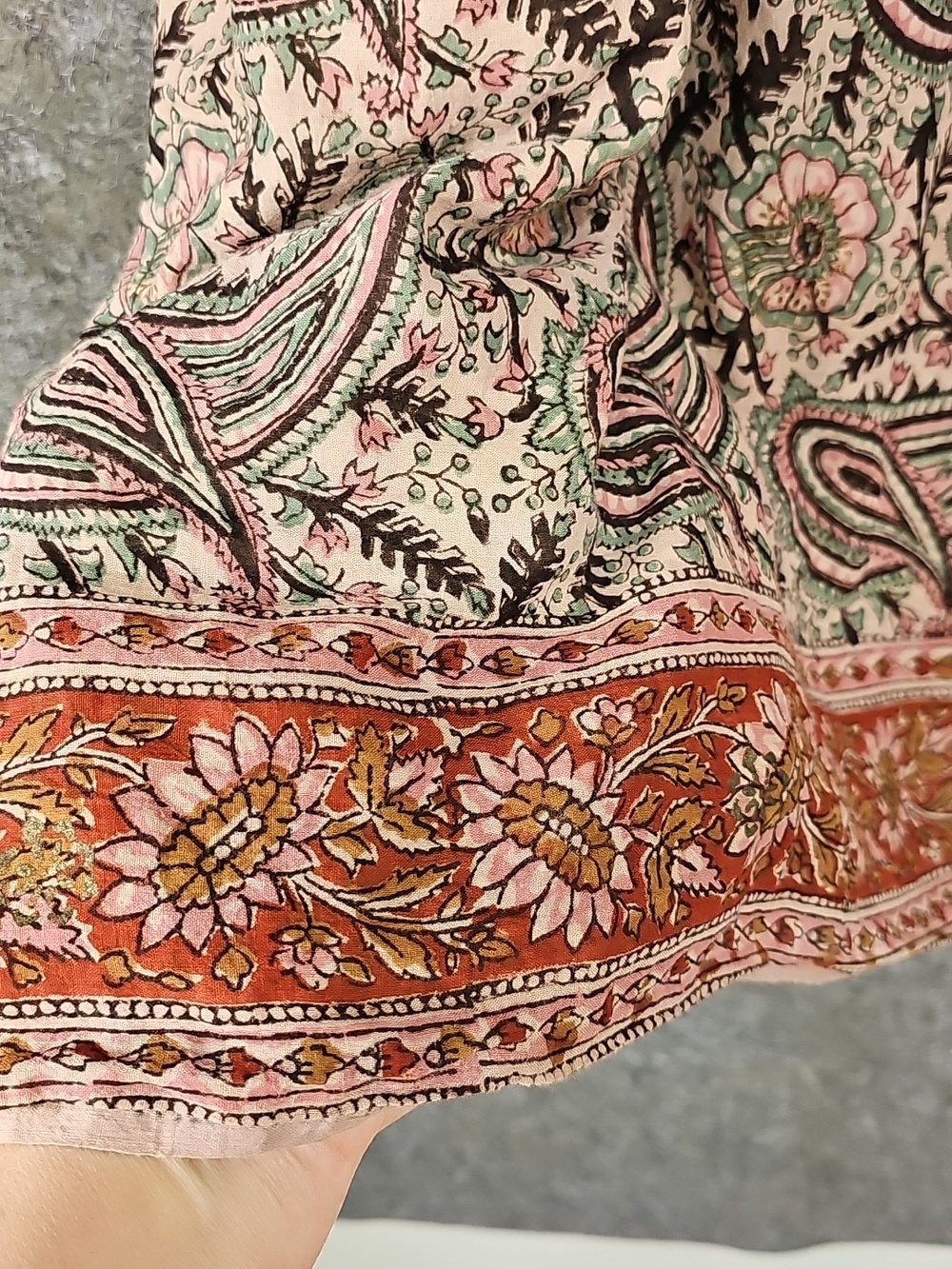 Fashion Passport Drawstring Skirt, Cotton, Pink Mint Rust Paisley Floral, Size S - Picture 3 of 9